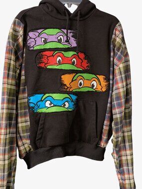Upcycled TMNT Hoodie 🐢 Flannel Sleeve Ninja Turtles Sweatshirt Small